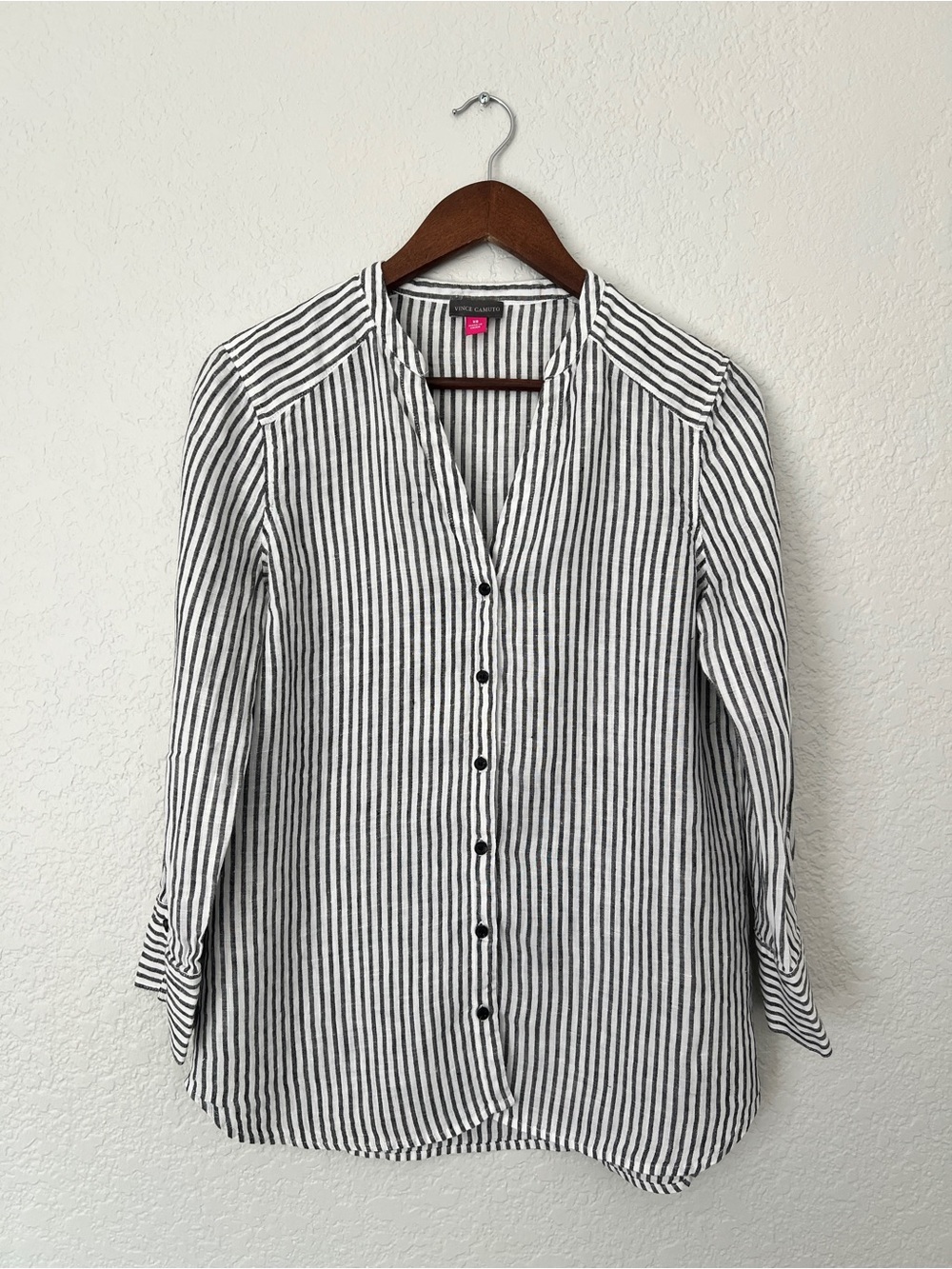 Black and White Linen Stripe Button-Front Women’s Top